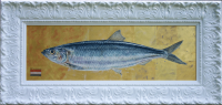 Herring, painting for The Herring Gallery. 
De Noordelijke Haringparty 2014 Chateau Hotel De Havixhorst. 
Oil paint and leaf gold on board 25 x 70 cm. 2014  » Click to zoom ->